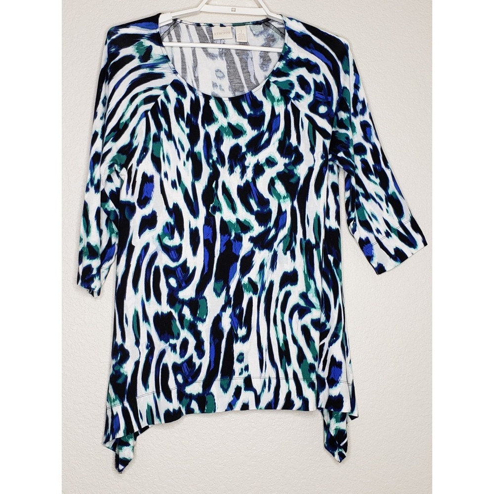 Chico's Tunic Top Size 1 Blue Green Round Neck 3/4 Sleeve Asymmetric Hem Stretch